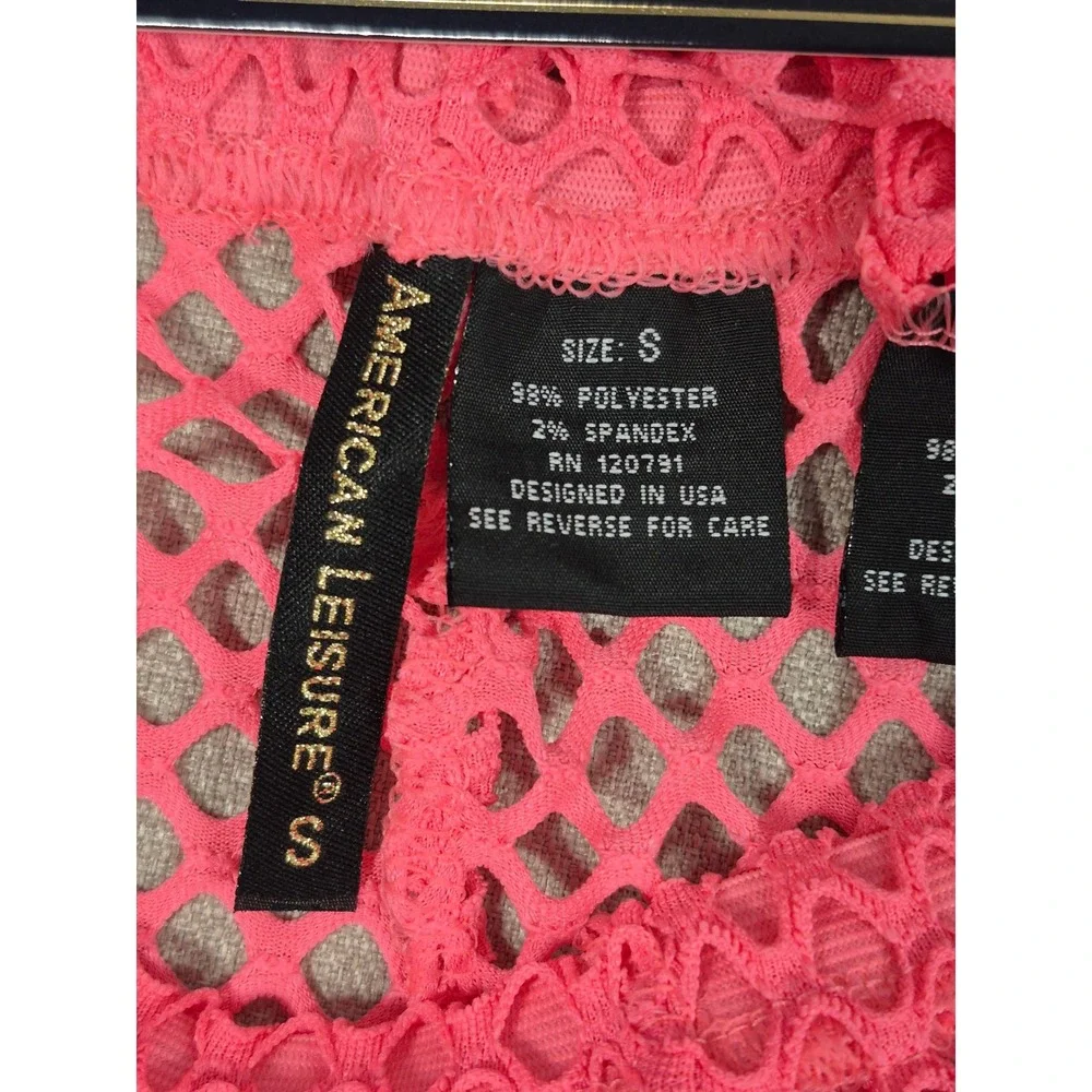 American Leisure Pink Mesh Two Piece Swimsuit Cover Up Crop Top Shorts Set S